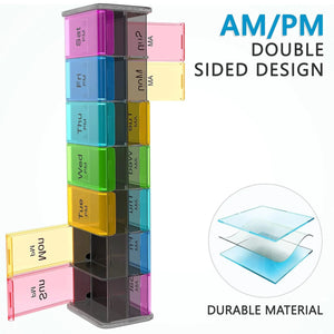 Colorful double-sided weekly AM/PM pill organizer with durable material layers