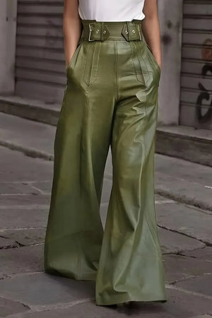 High-waisted wide-leg olive green faux leather pants with belt details