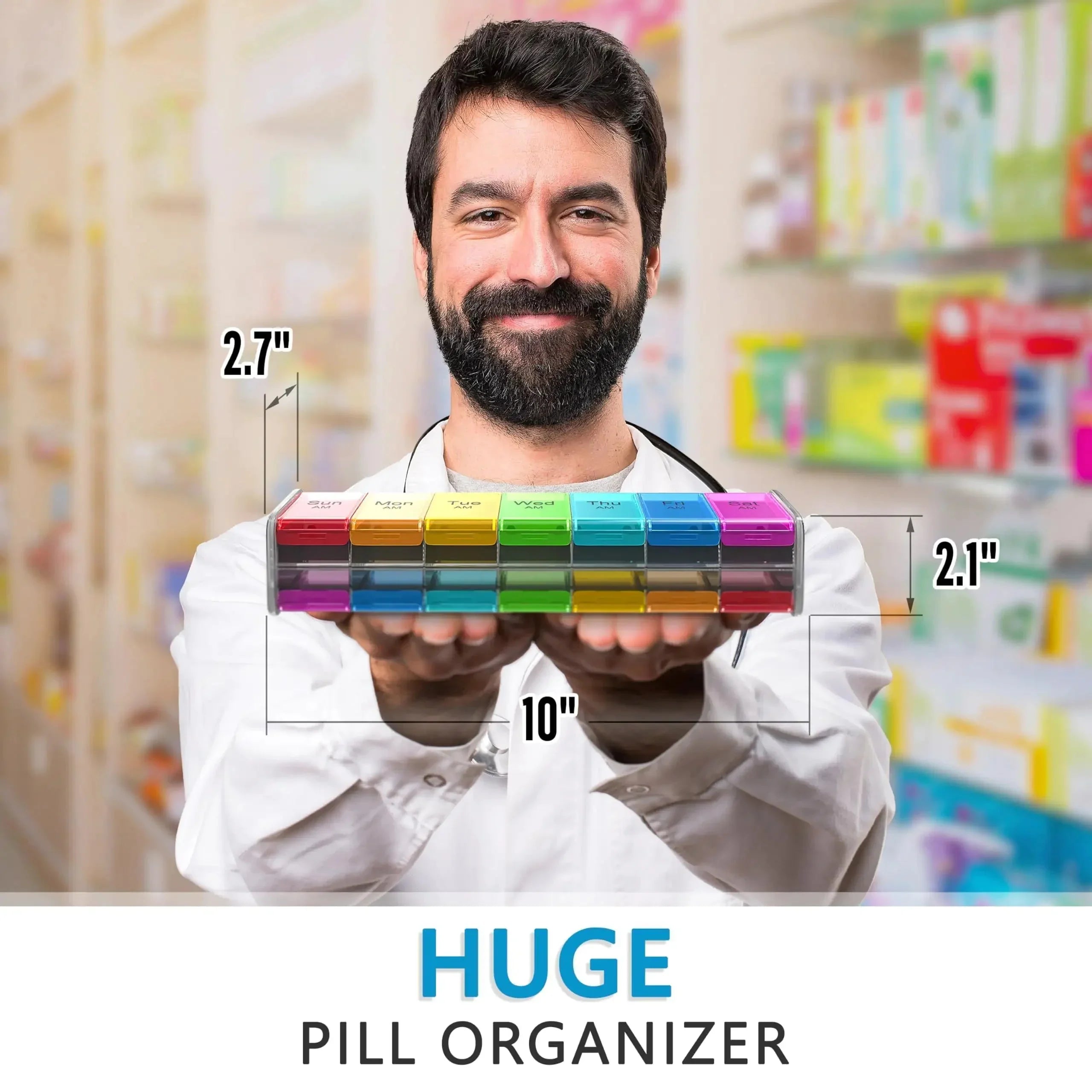 Smiling pharmacist holding large colorful pill organizer with measurements in pharmacy setting