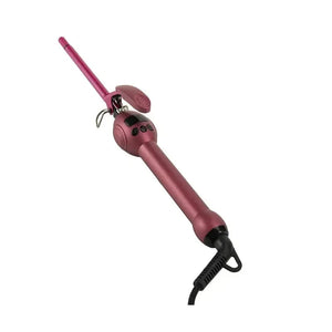 Pink ceramic hair curling iron with digital display and clamp, isolated on white background