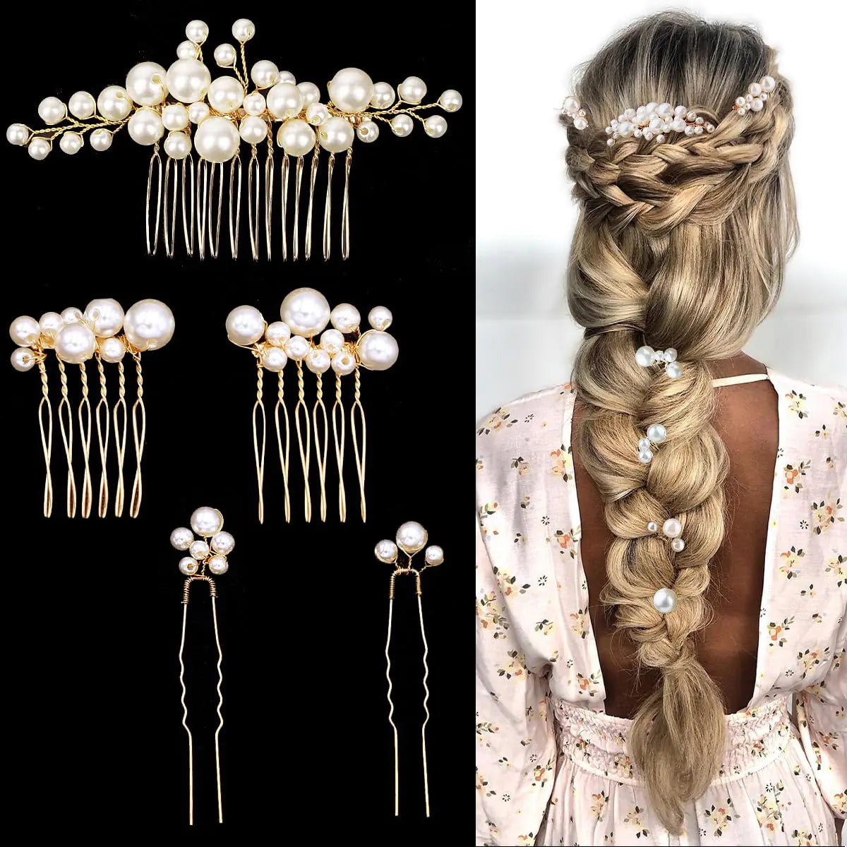 Golden Bridal Hairpiece Set - 5pc Pearl Combs and Pins