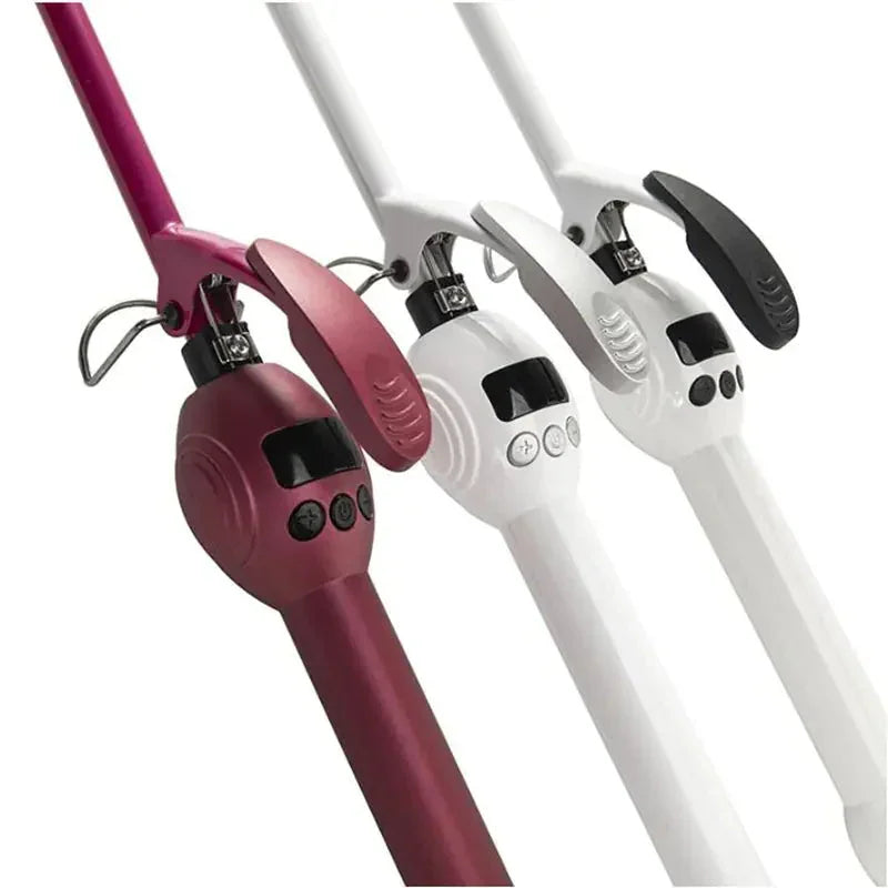 Three digital display hair curlers in red and white colors, shown side by side.