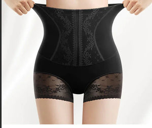 High-waisted black shapewear shorts with lace trim and floral patterns for women