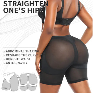 Woman wearing black high-waisted shapewear shorts for abdominal and hip shaping