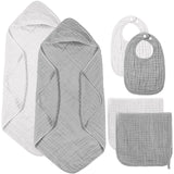 SnugglySoft 6-Piece Baby Bath Set - Muslin Hooded Towels, Washcloths & Bibs