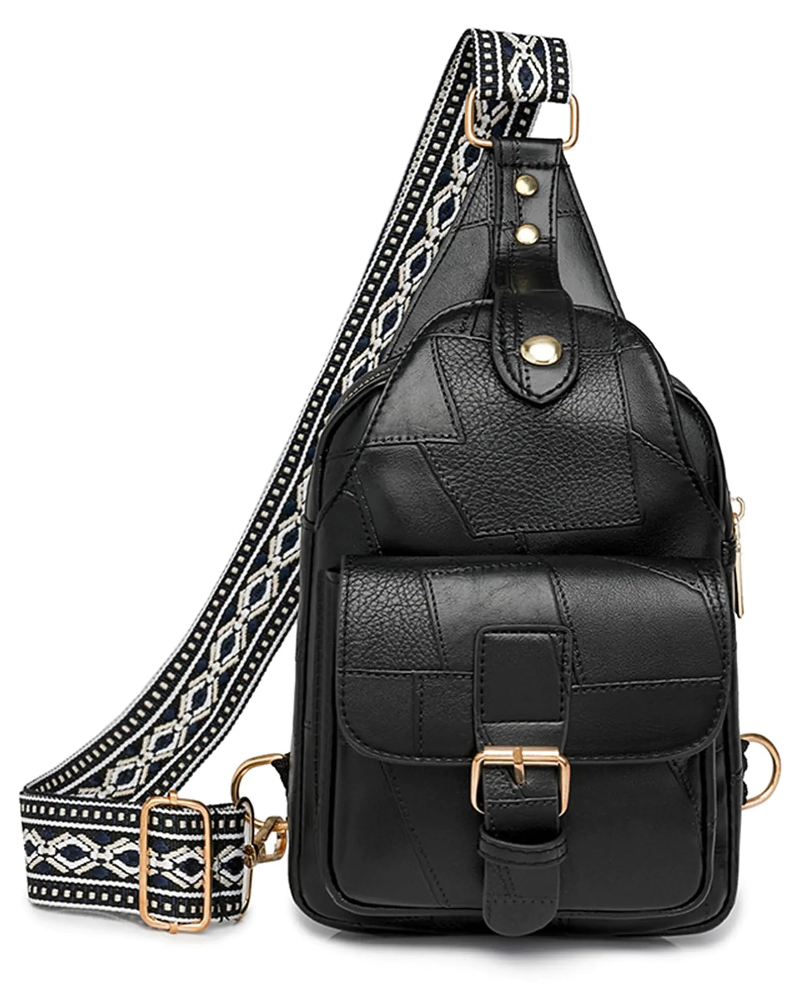 Women's Small Leather Crossbody Sling Bag with Guitar Strap - Black