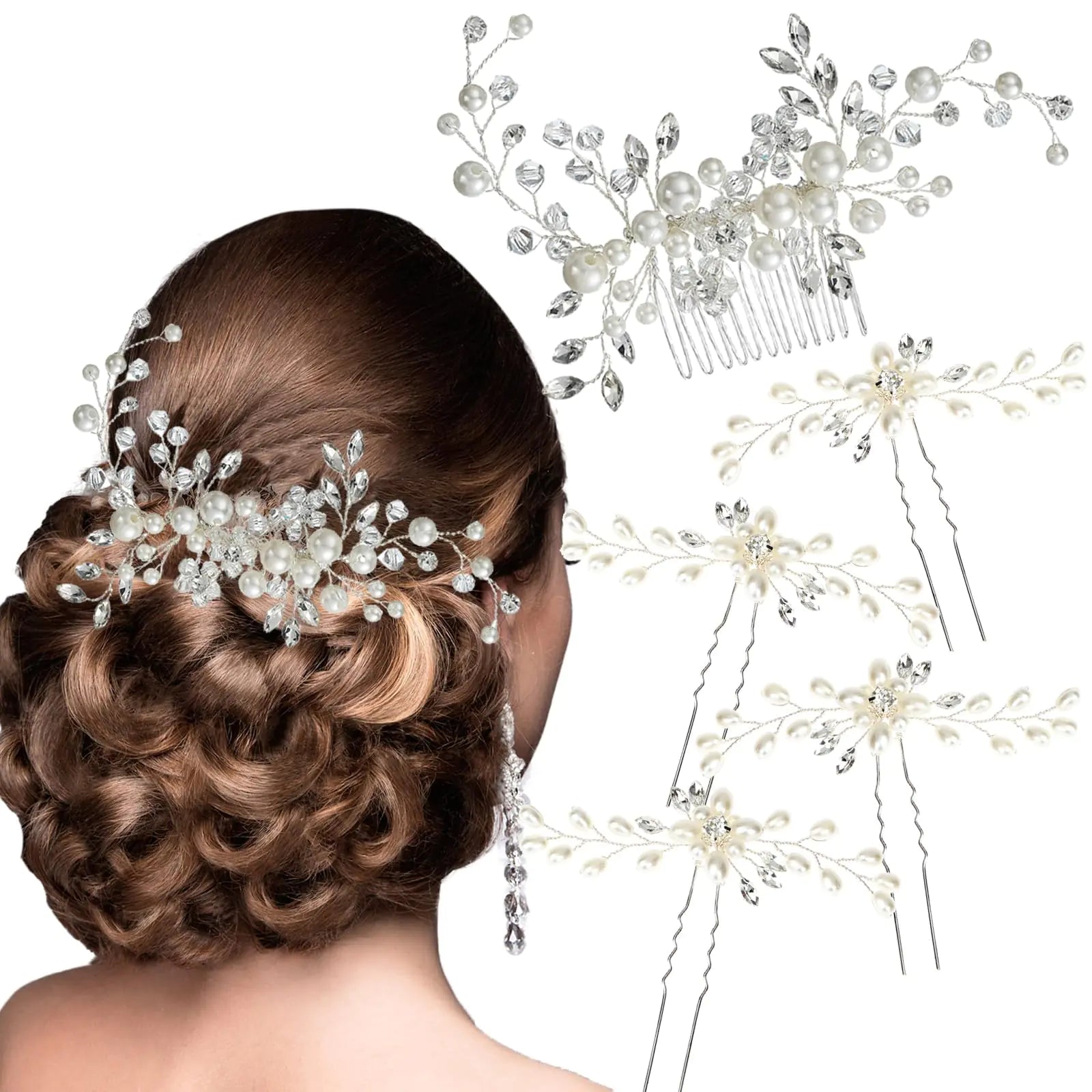 Bridal Pearl & Crystal Hair Set: Comb and Pins in Silver Gold