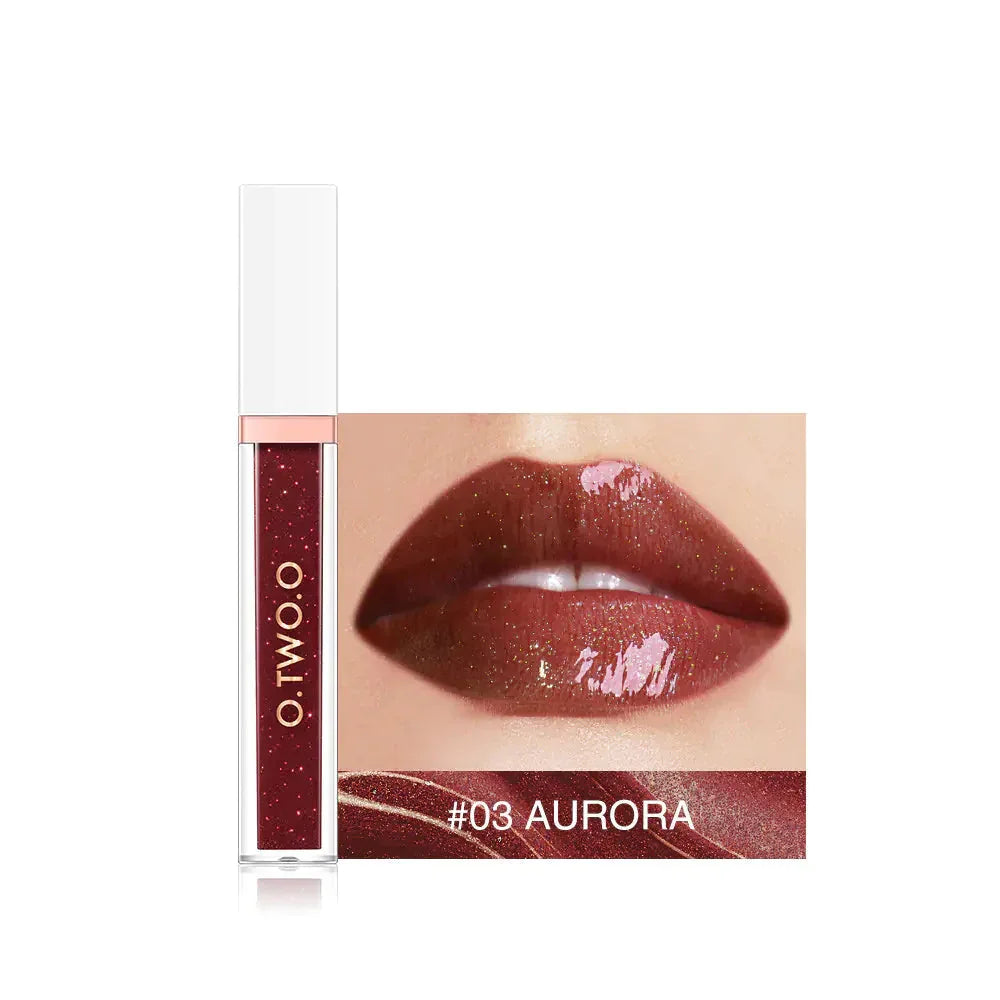 Shimmery brown lip gloss tube with close-up of glossy lips, shade 03 Aurora