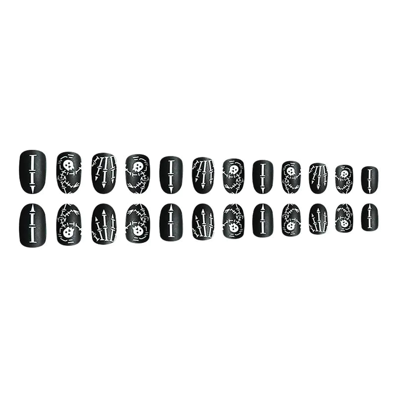 Black Matte Short Round Skull Halloween Fake Nails