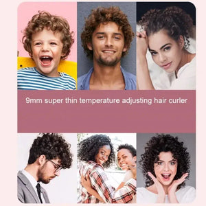 Collage showing men, women, and a child with tight curls from using a 9mm hair curler.