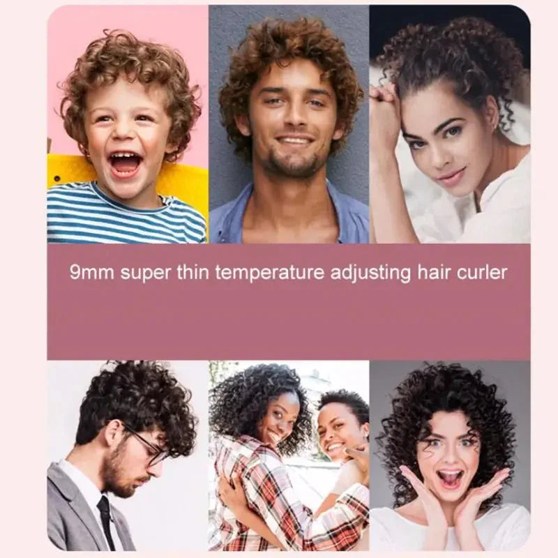 Collage showing men, women, and a child with tight curls from using a 9mm hair curler.