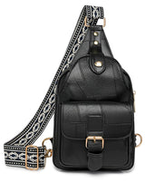 Women's Small Leather Crossbody Sling Bag with Guitar Strap - Black