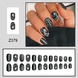 Black Matte Short Round Skull Halloween Fake Nails
