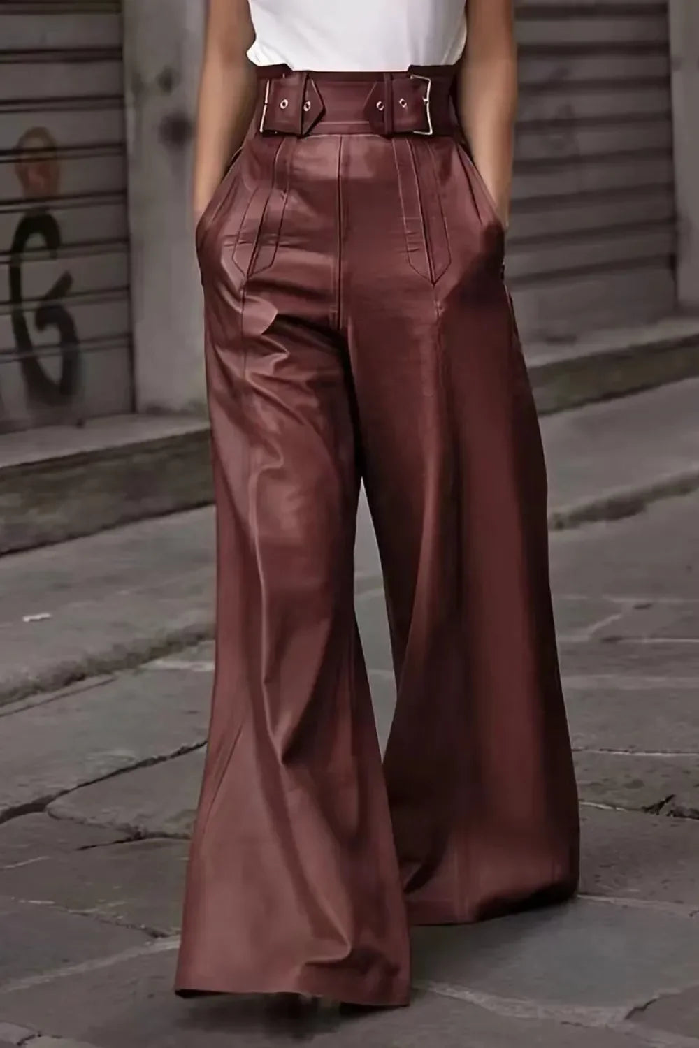 High waisted brown wide leg faux leather pants with belt, street style fashion