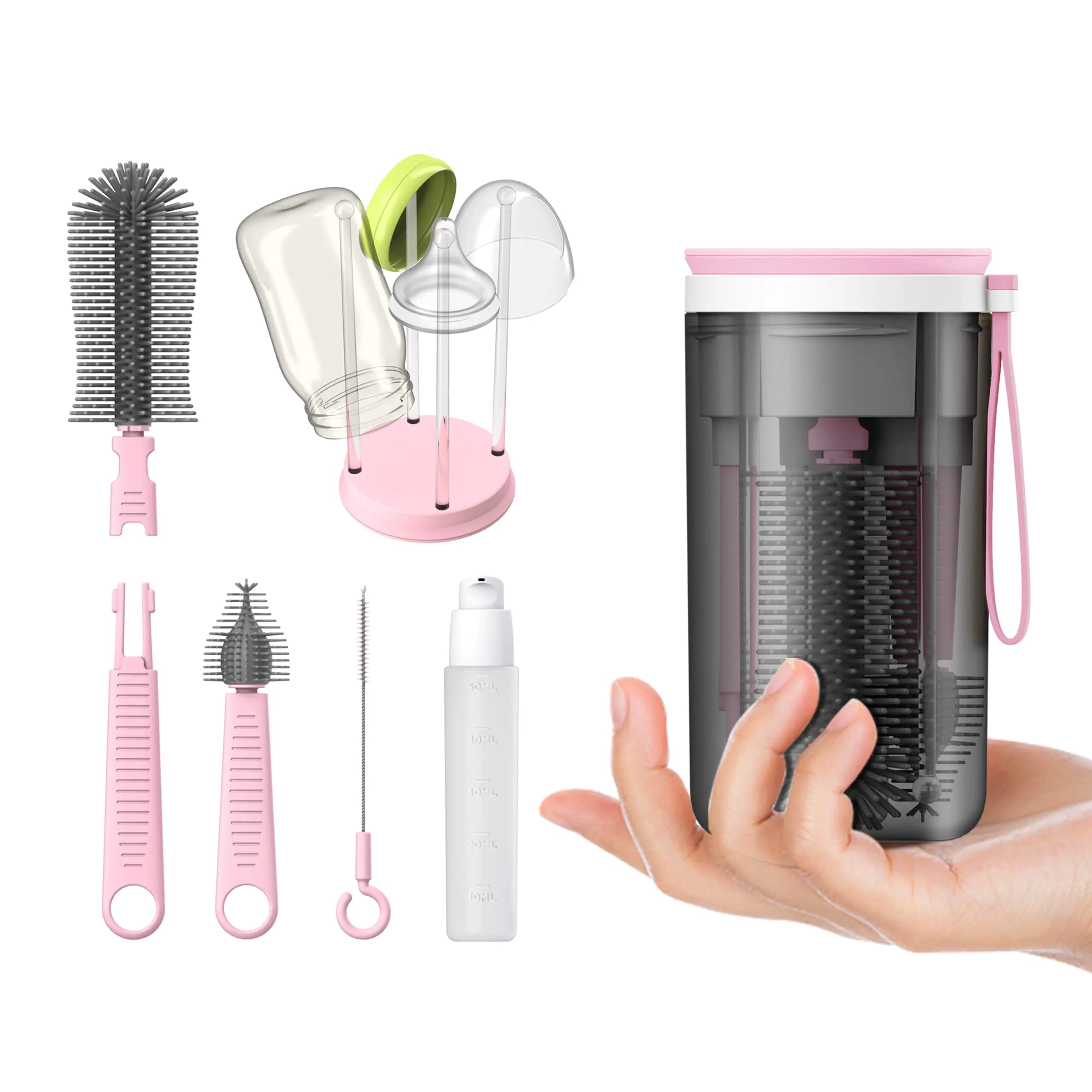 VOGOGE Compact Baby Bottle Brush Set with Drying Rack Pink