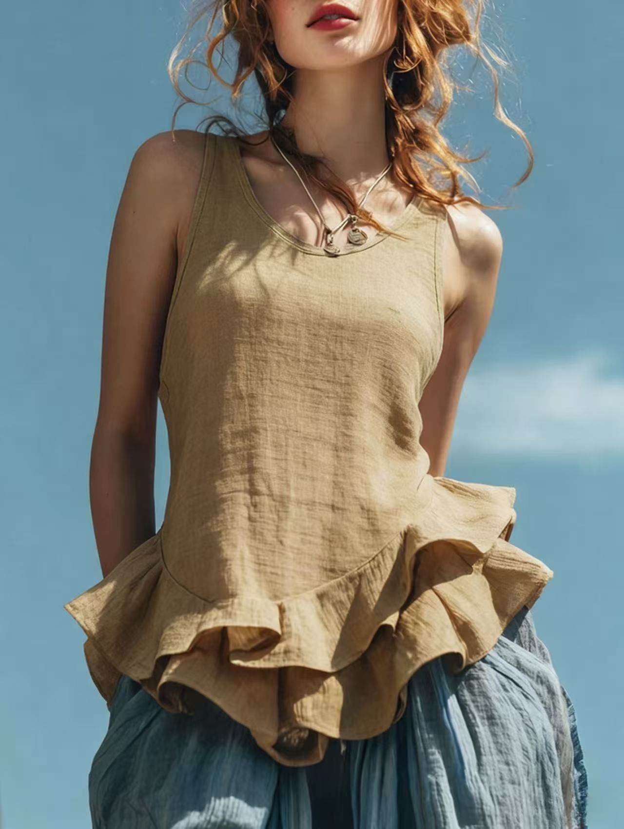Sleeveless cotton-linen top