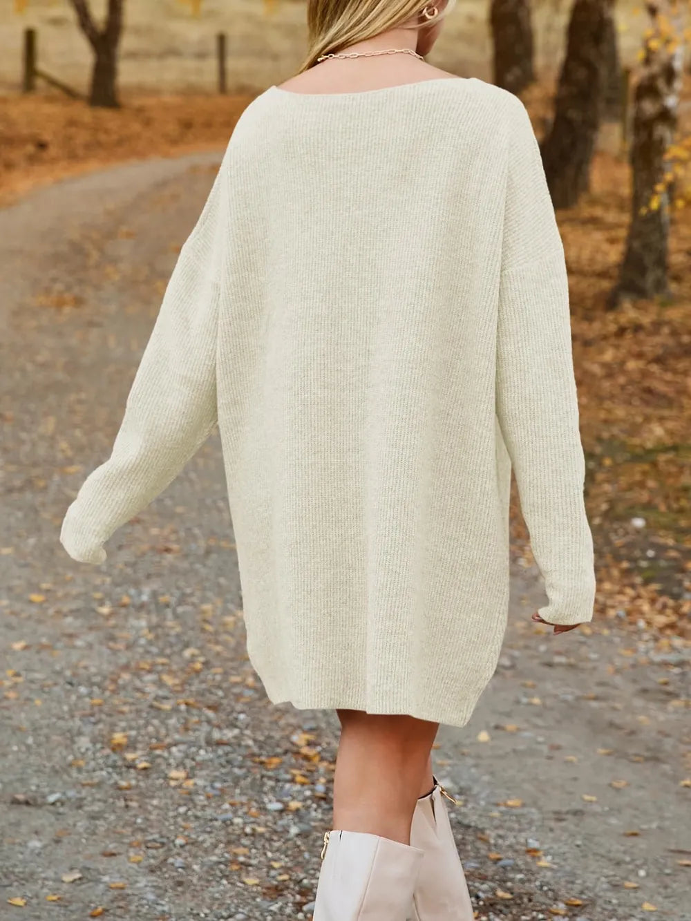Cream oversized knit sweater dress, relaxed mini length - Rberyl
