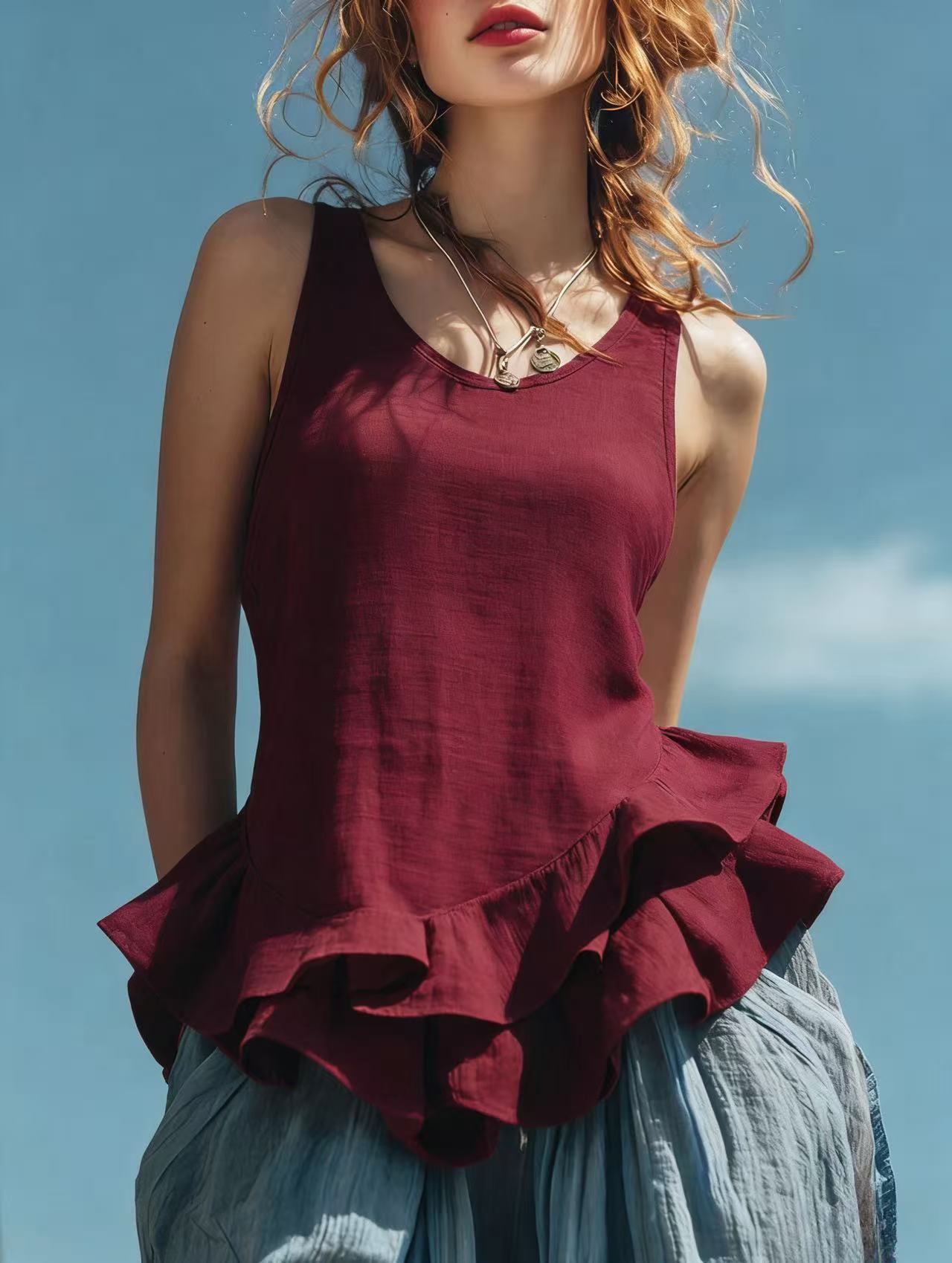 Sleeveless cotton-linen top