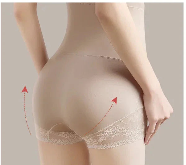 Beige high-waisted shaping underwear with lace trim, shown from the back