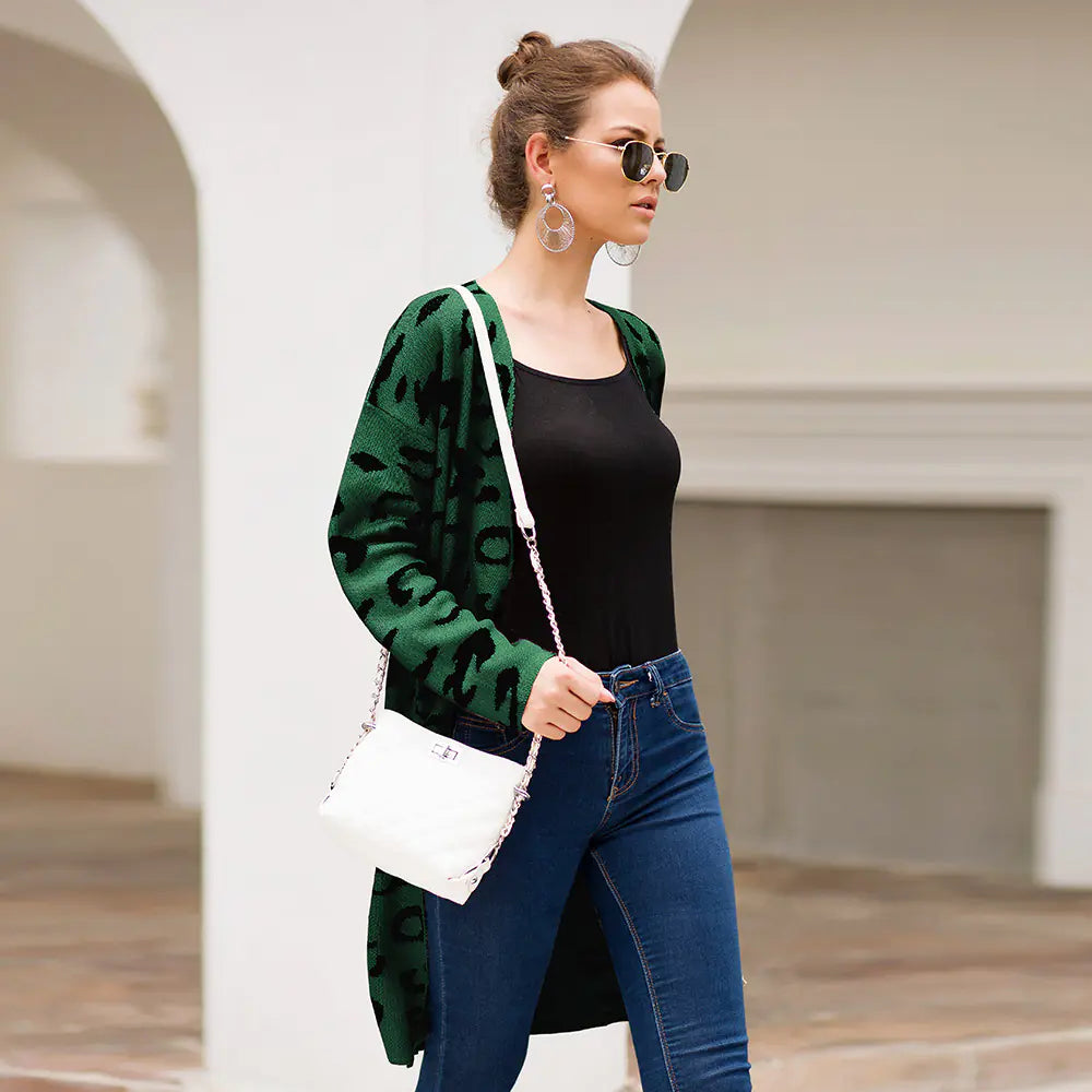 Leopard Print Loose Long Knit Cardigan Sweater