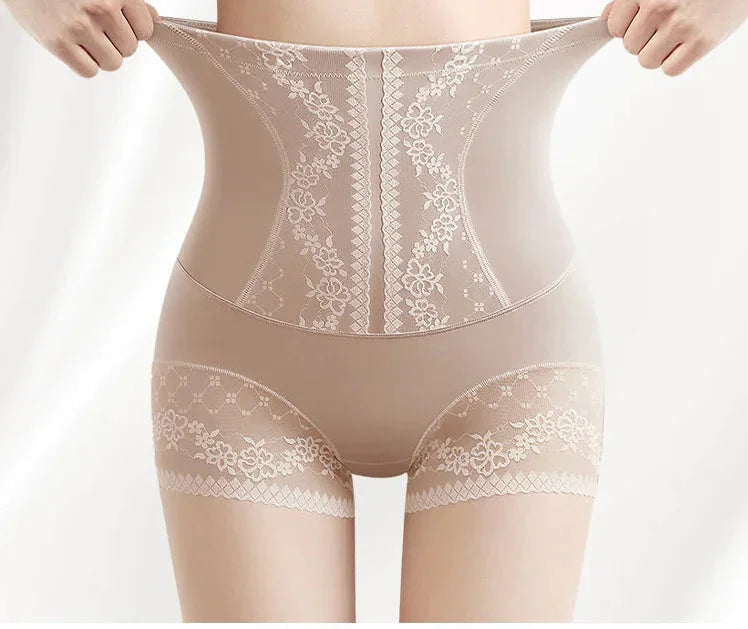 High-waisted beige lace shapewear panty with floral patterns for women