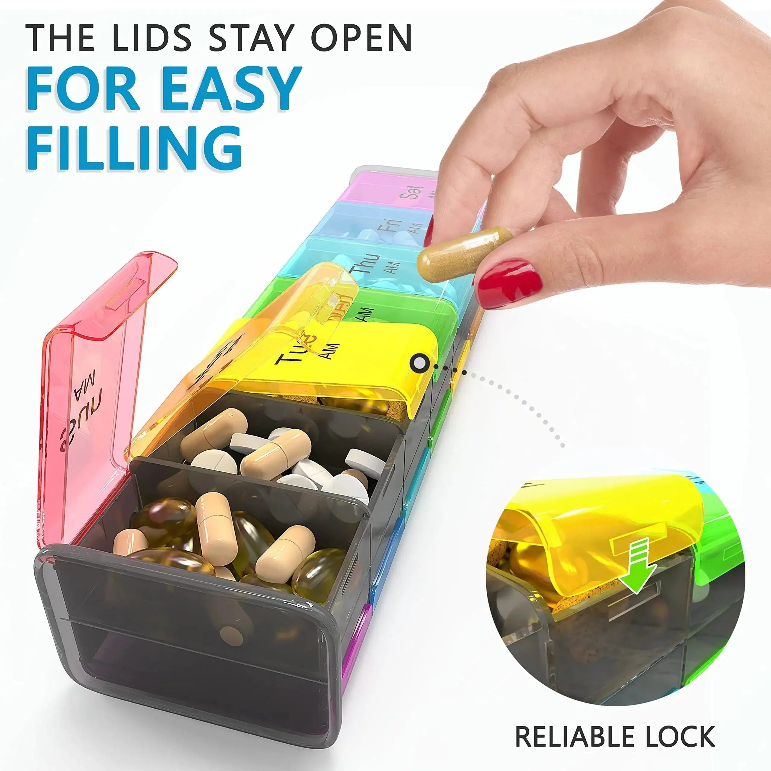 Hand placing capsule in colorful weekly pill organizer with open lids and secure lock feature.