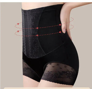 High-waisted black slimming shapewear with lace trim and tummy control feature