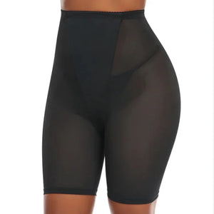 High-waisted black mesh shapewear shorts for women, close-up front view