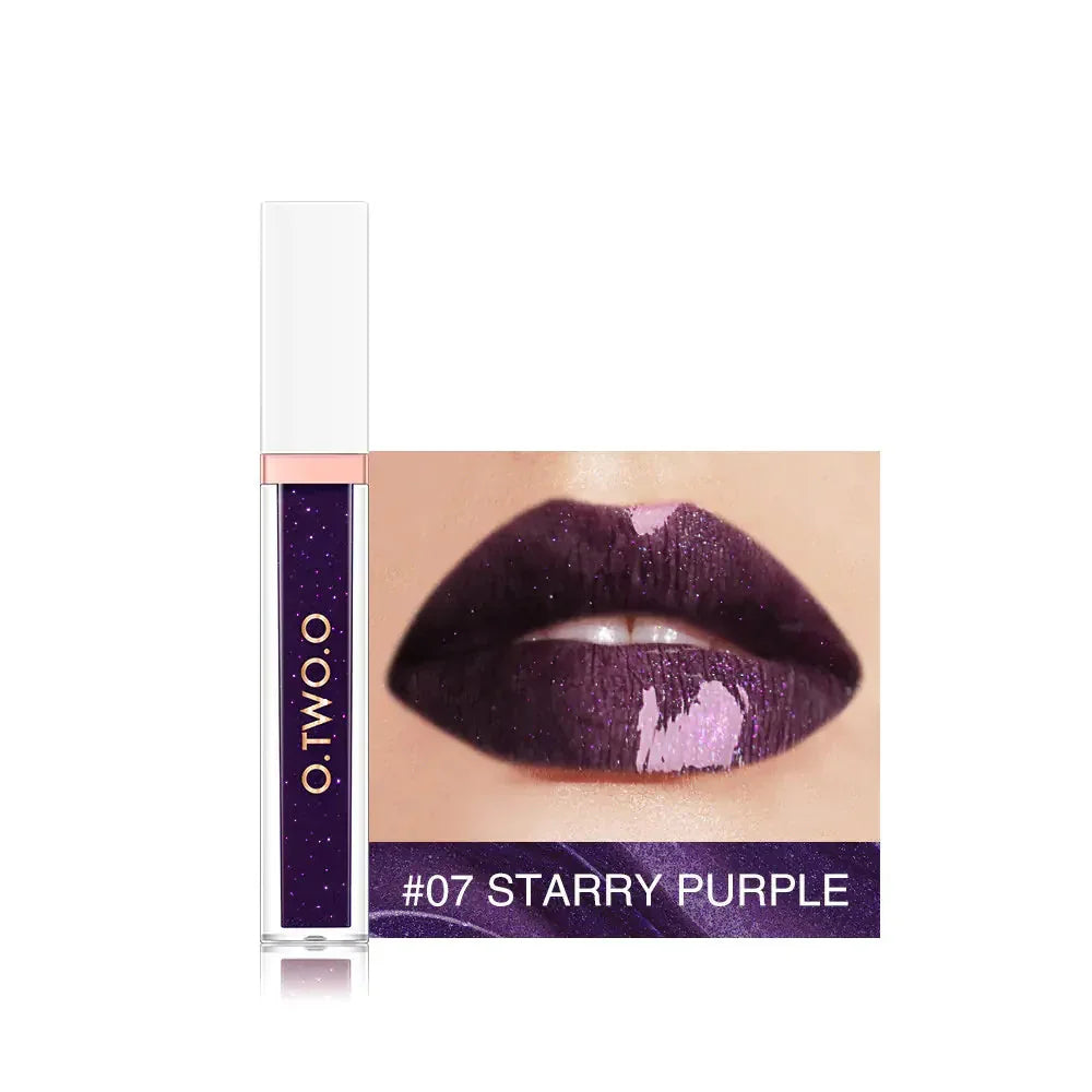Glossy starry purple liquid lipstick with shimmer finish, shade #07, shown on lips.