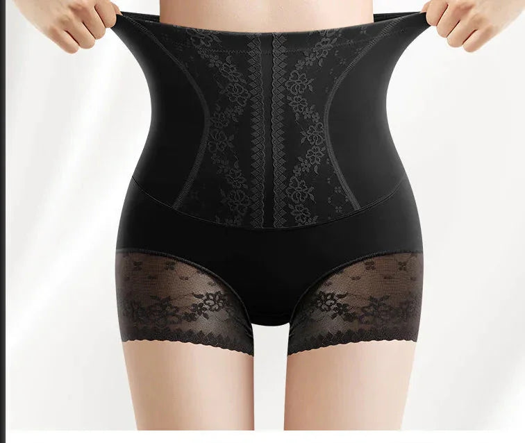 High-waisted black lace shapewear shorts for women, body slimming underwear