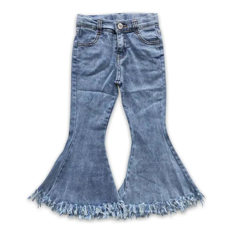 Youthful Blue Tassel Flare Denim for Girls