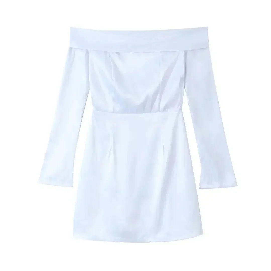White off-shoulder mini dress with long sleeves, elegant women’s fashion.